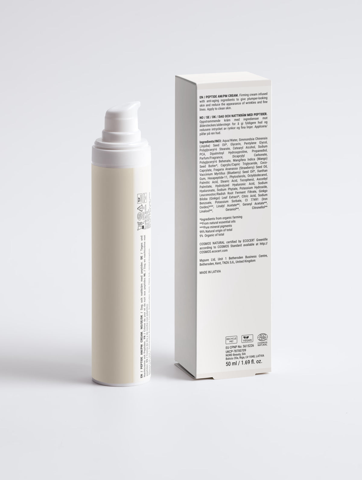EVRAYNE nueva etiqueta — Crema facial con péptidos de 50 ml — envase y caja, vista posterior