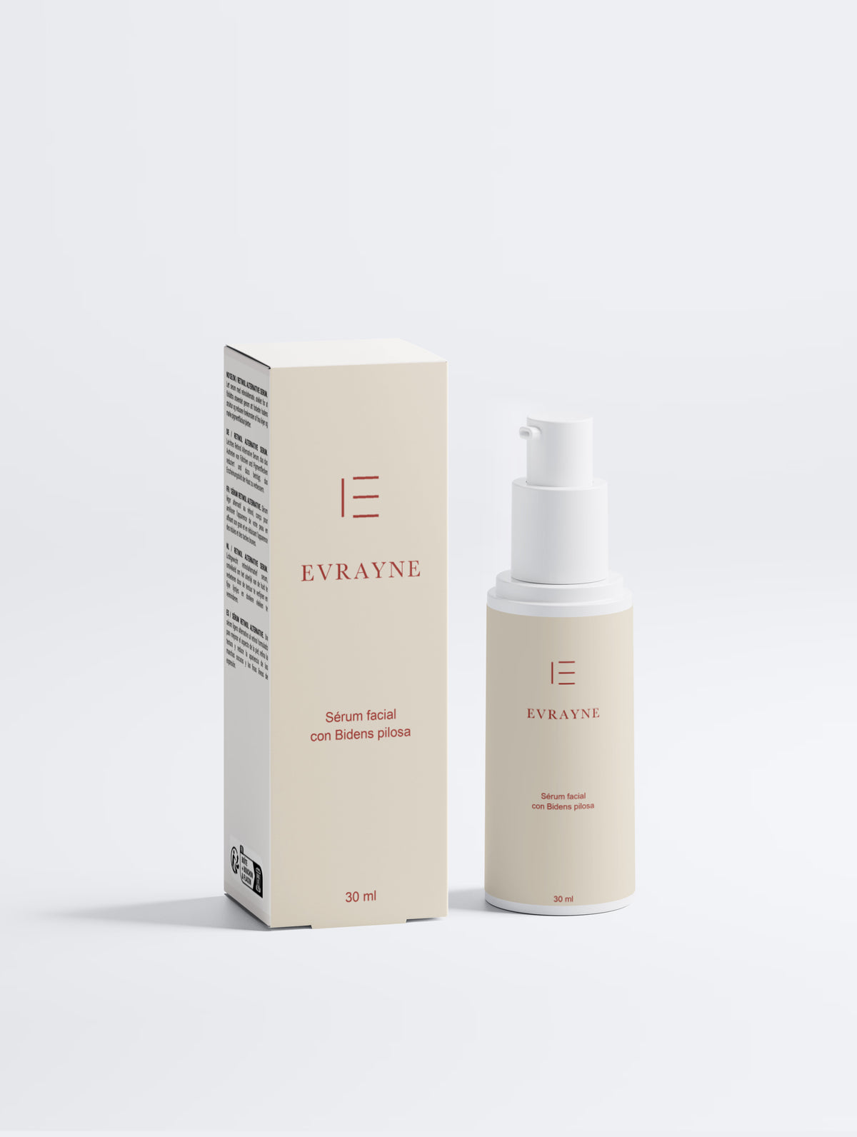 EVRAYNE nueva etiqueta — Sérum facial con Bidens pilosa de 30 ml — envase y caja, vista frontal