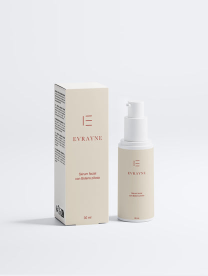 EVRAYNE nueva etiqueta — Sérum facial con Bidens pilosa de 30 ml — envase y caja, vista frontal
