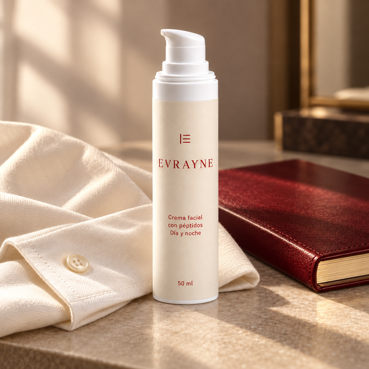 EVRAYNE nueva etiqueta — Crema facial con péptidos de 50 ml — fotografía editorial