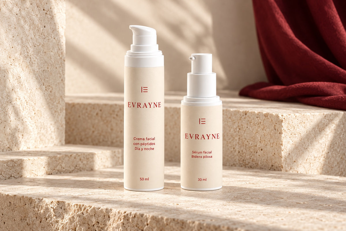 EVRAYNE cream and serum, a close view of the packaging