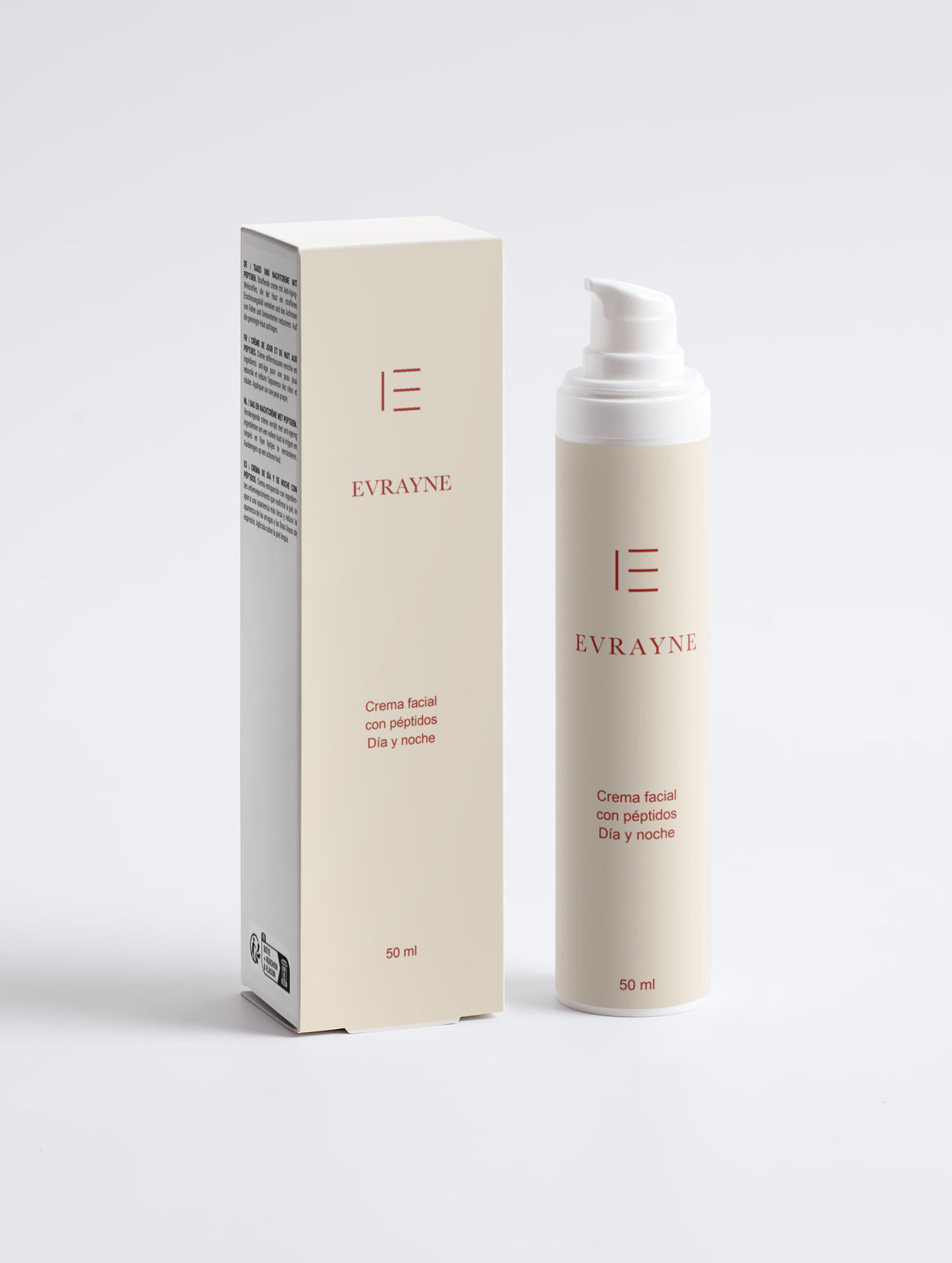 EVRAYNE nueva etiqueta — Crema facial con péptidos de 50 ml — envase y caja, vista frontal