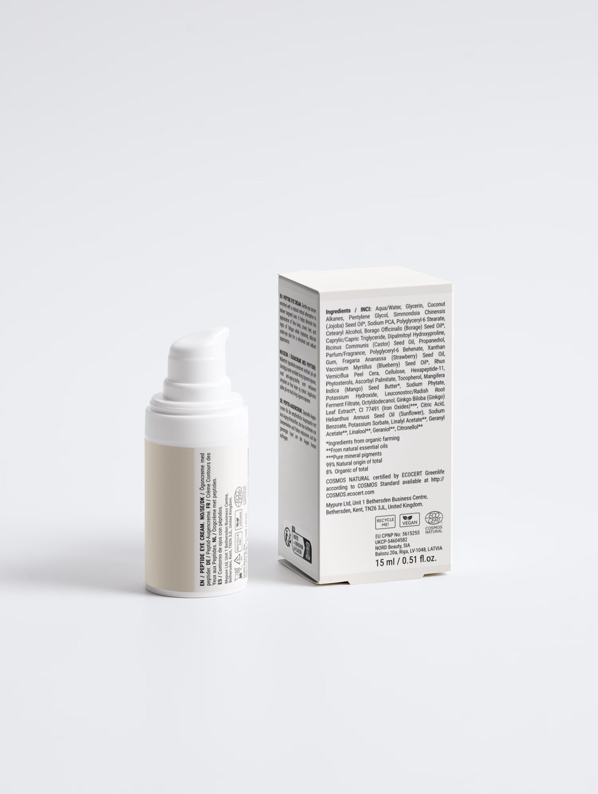 EVRAYNE nueva etiqueta — Contorno de ojos con péptidos de 15 ml — envase y caja, vista posterior